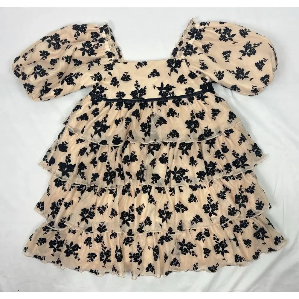 Janie and Jack Girls Grand Entrance Dress Almond Latte Floral Velvet Ruffle 10